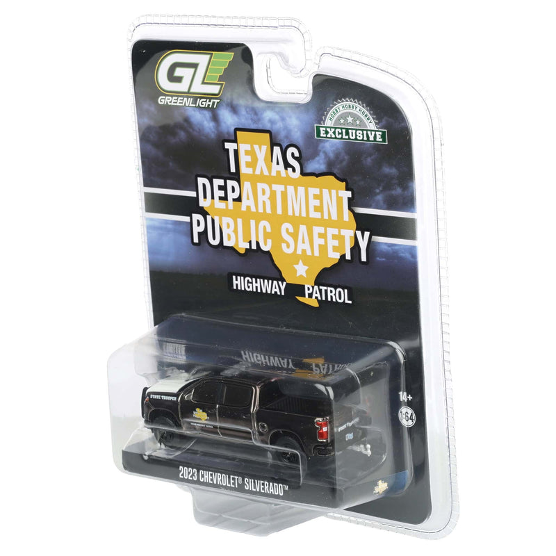 Charcoal Chrome Super Chase Unit ~ 1/64 2023 Chevrolet Silverado Police Pickup Truck, Texas Department of Public Safety, Hobby Exclusive Hot Pursuit
