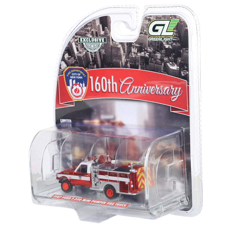 Red Chrome Super Chase Unit ~ 1/64 1987 Ford F-350 Mini Pumper Fire Truck, FDNY 160th Anniversary, Hobby Exclusive