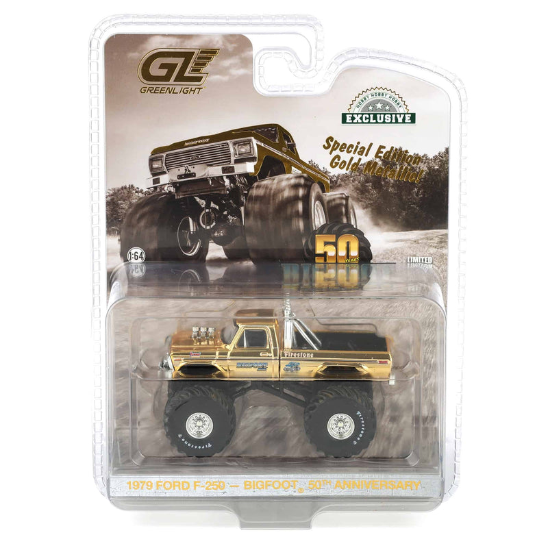 (B&D) Gold Chrome Chase ~ 1/64 1979 Ford F-250 Monster Truck, Gold Metallic, Hobby Exclusive Bigfoot #1 50th Anniversary - Damaged Box