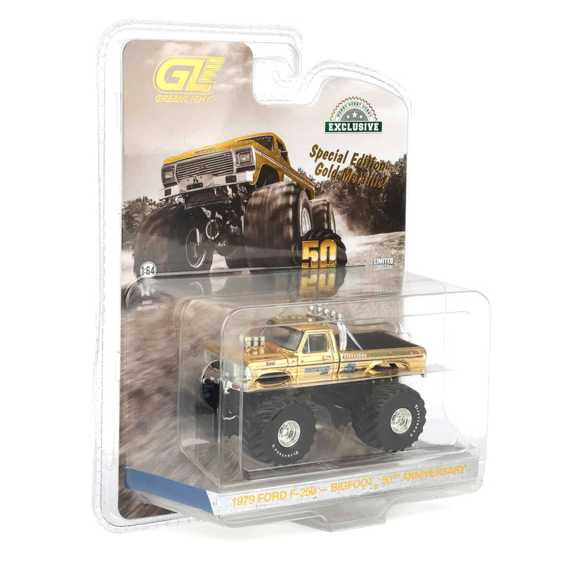 (B&D) Gold Chrome Chase ~ 1/64 1979 Ford F-250 Monster Truck, Gold Metallic, Hobby Exclusive Bigfoot #1 50th Anniversary - Damaged Box