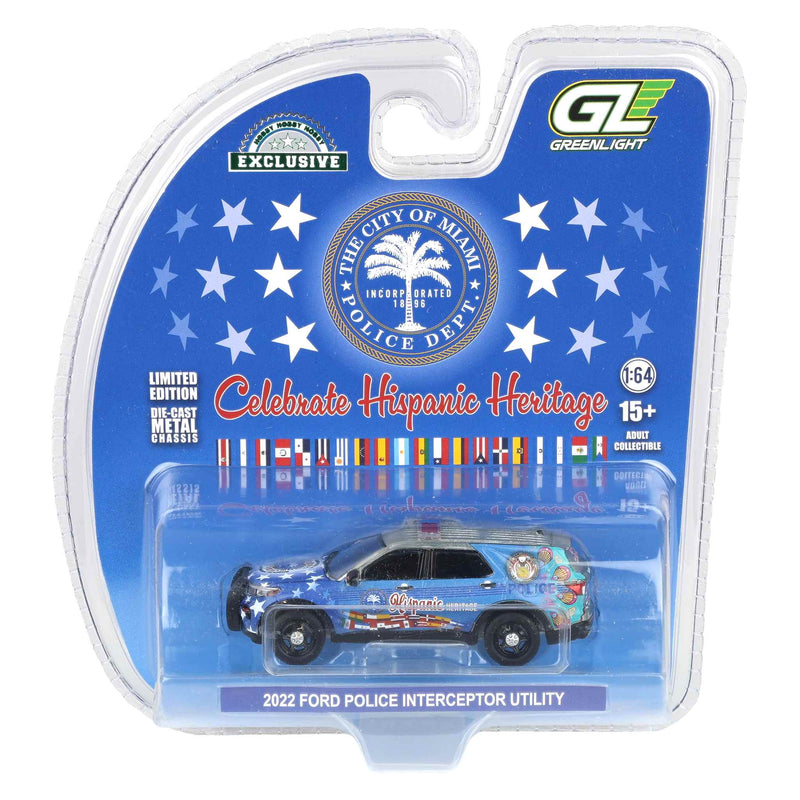 Raw Chase Unit ~ 1/64 2022 Ford Police Interceptor Utility, Miami Police Department Hispanic Heritage Deco , Hobby Exclusive by GreenLight Collectibles