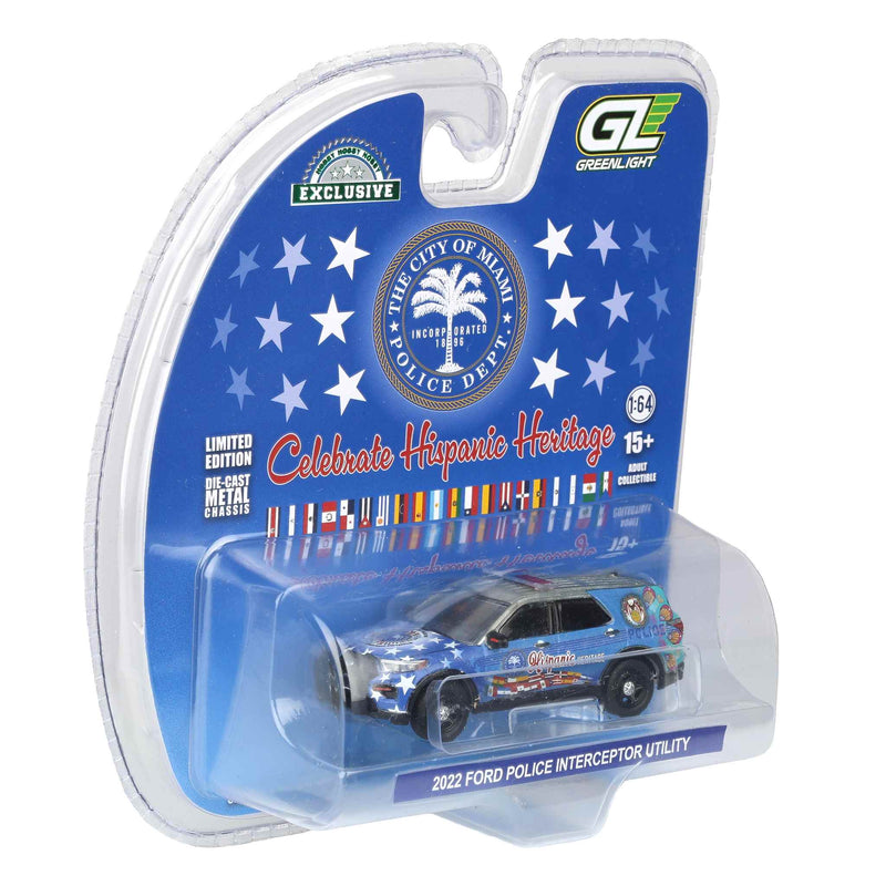 Raw Chase Unit ~ 1/64 2022 Ford Police Interceptor Utility, Miami Police Department Hispanic Heritage Deco , Hobby Exclusive by GreenLight Collectibles