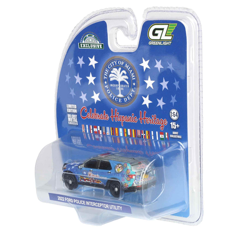 Raw Chase Unit ~ 1/64 2022 Ford Police Interceptor Utility, Miami Police Department Hispanic Heritage Deco , Hobby Exclusive by GreenLight Collectibles