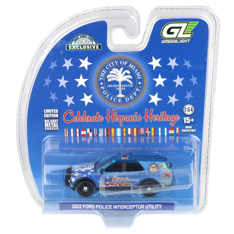 Blue Chrome Chase Unit ~ 1/64 2022 Ford Police Interceptor Utility, Miami Police Department Hispanic Heritage Deco , Hobby Exclusive by GreenLight Collectibles