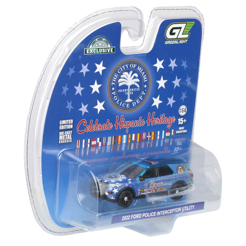 Blue Chrome Chase Unit ~ 1/64 2022 Ford Police Interceptor Utility, Miami Police Department Hispanic Heritage Deco , Hobby Exclusive by GreenLight Collectibles