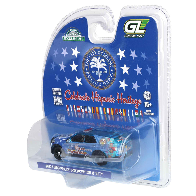 Blue Chrome Chase Unit ~ 1/64 2022 Ford Police Interceptor Utility, Miami Police Department Hispanic Heritage Deco , Hobby Exclusive by GreenLight Collectibles