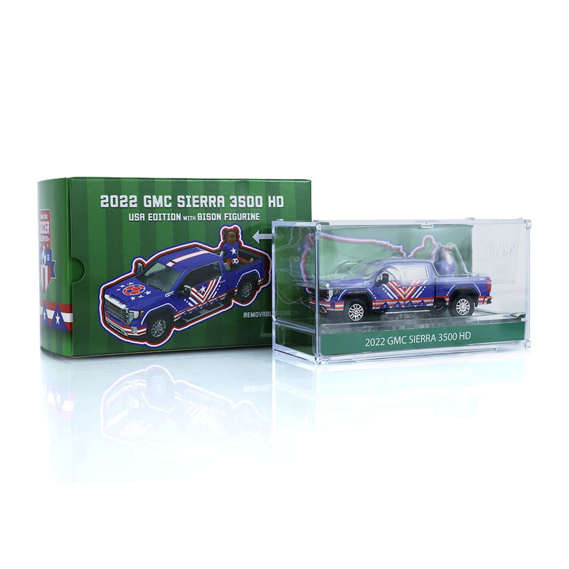 1/64 2022 GMC Sierra 3500 HD USA Tribute with Bison Figurine International Soccer Celebration 26, Hobby Exclusive by GreenLight Collectibles