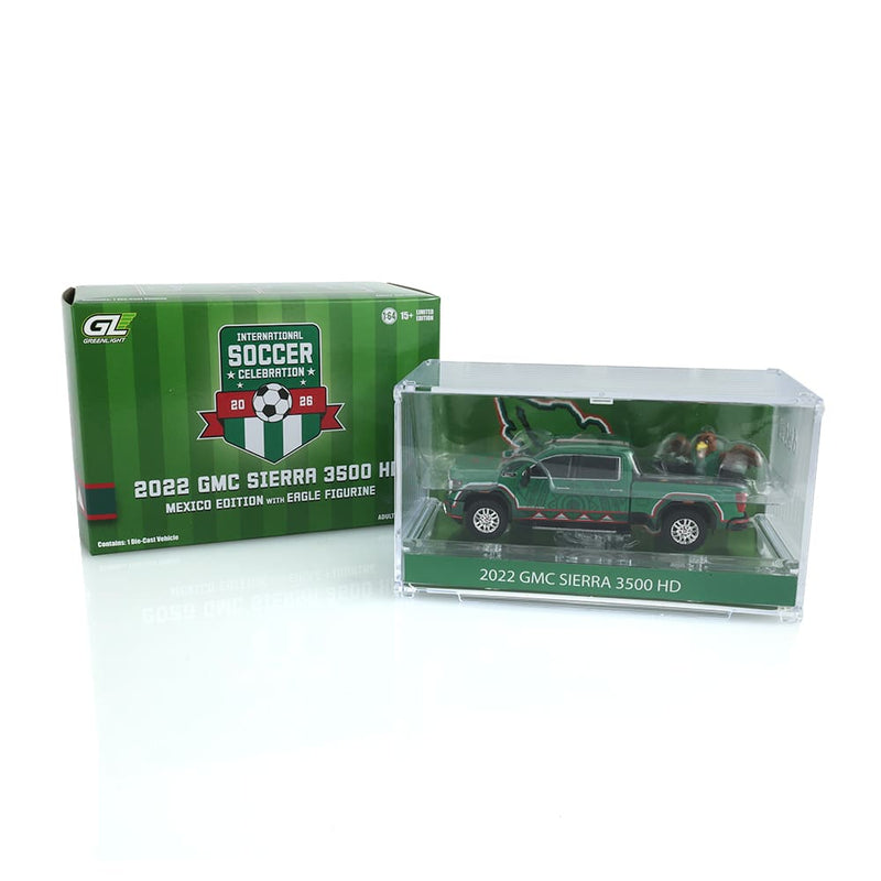 1/64 2022 GMC Sierra 3500 HD Mexico Tribute with Eagle Figurine International Soccer Celebration 26, Hobby Exclusive by GreenLight Collectibles