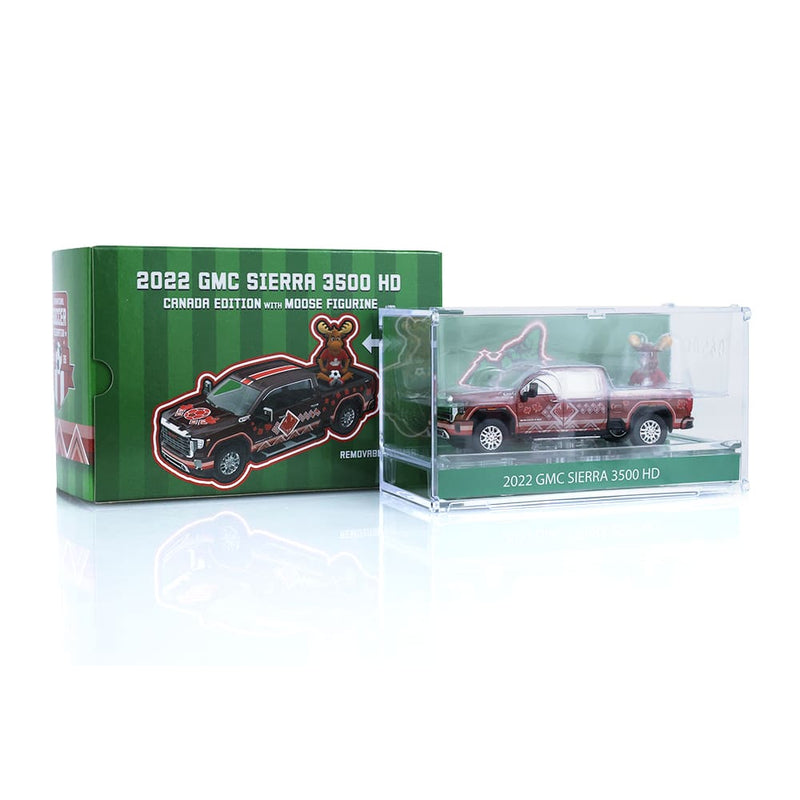1/64 2022 GMC Sierra 3500 HD Canada Tribute with Moose Figurine International Soccer Celebration 26, Hobby Exclusive by GreenLight Collectibles