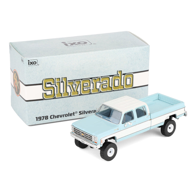 1/64 Lifted 1978 Chevrolet Silverado K30 Crew Cab Fleetside, Blue & White, Limited Edition IXO Models