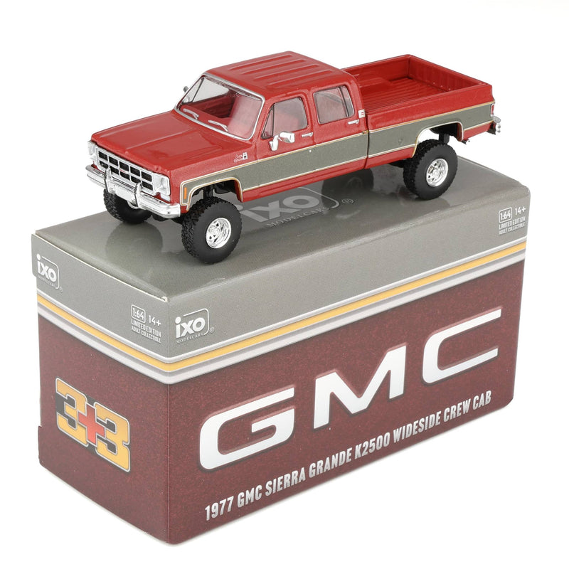 1/64 1977 GMC Sierra Grande K2500 Crew Cab Wideside Lifted Dark Red Metallic and Silver Special Two-Tone by IXO America