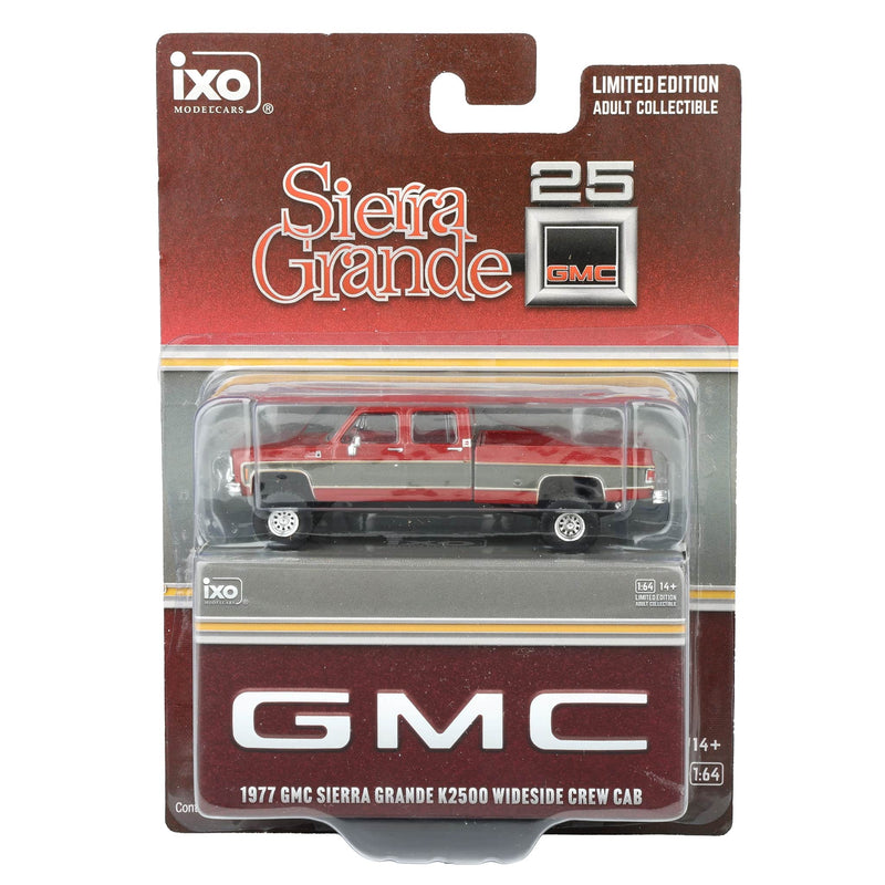 1/64 1977 GMC Sierra Grande K2500 Crew Cab Wideside Lifted Dark Red Metallic and Silver Special Two-Tone by IXO America