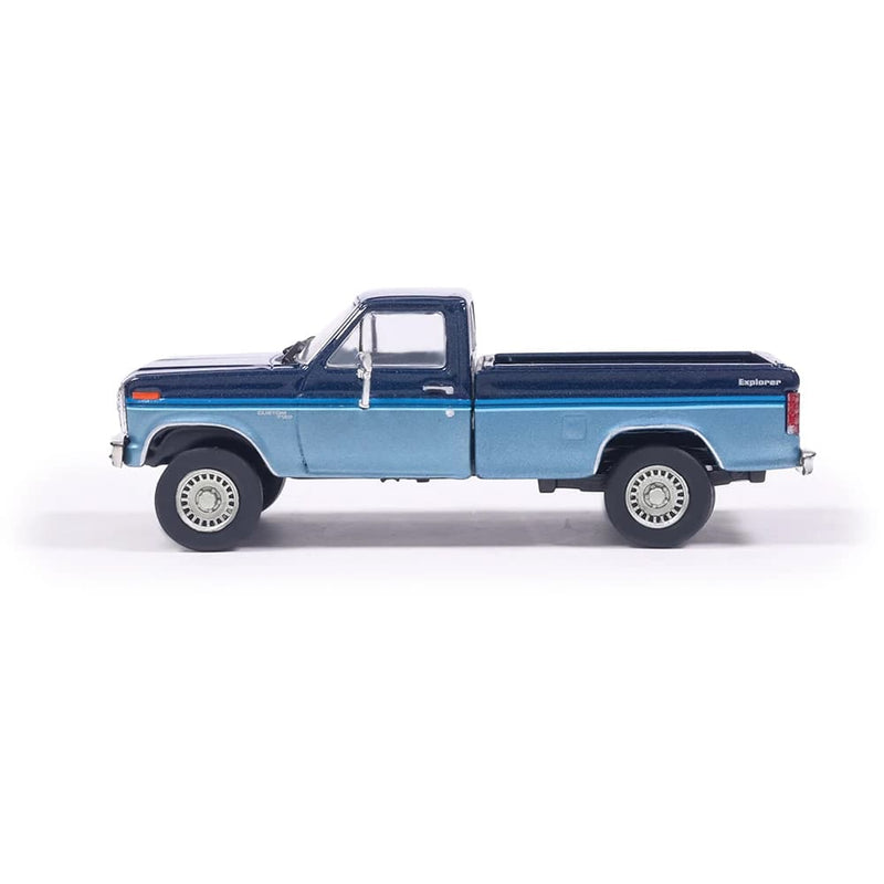 1/64 1981 Ford F-150 Custom Explorer Short Bed Styleside 4x2 Tu-Tone Midnight Blue Metallic and Medium Blue Glow by IXO America