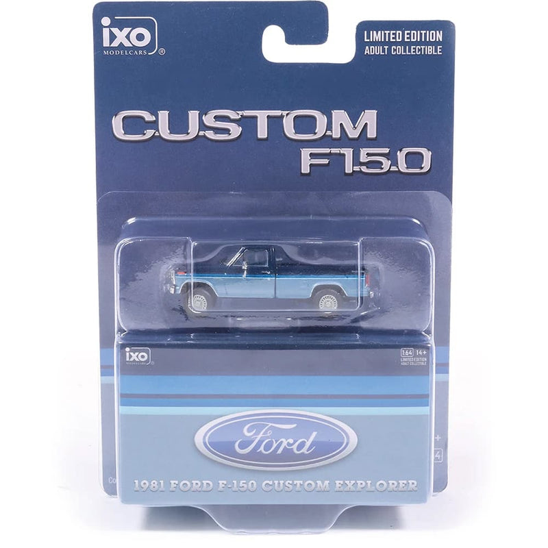1/64 1981 Ford F-150 Custom Explorer Short Bed Styleside 4x2 Tu-Tone Midnight Blue Metallic and Medium Blue Glow by IXO America