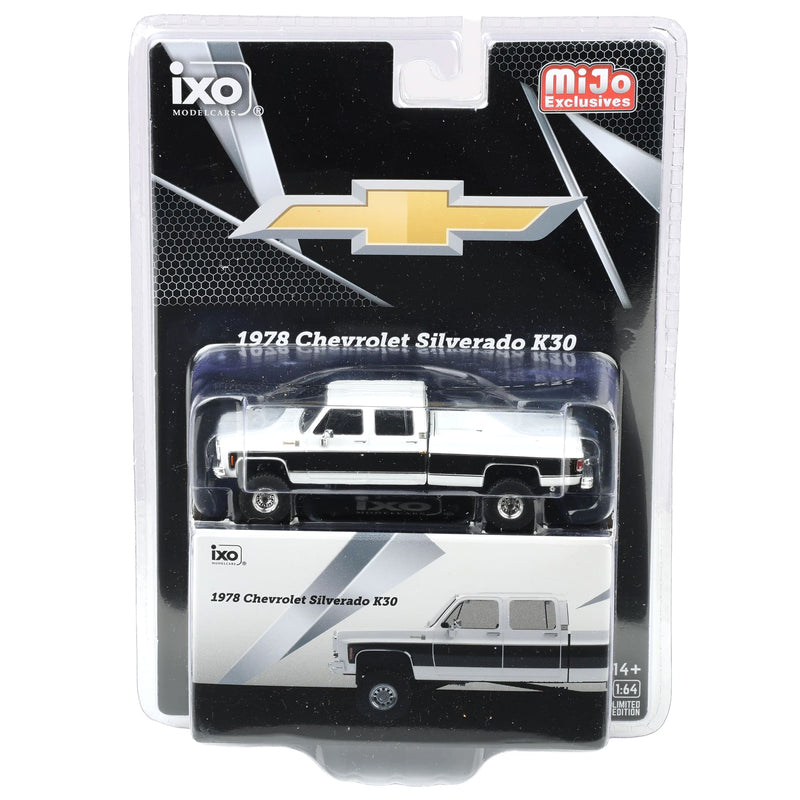 1/64 Lifted 1978 Chevrolet Silverado K30 Crew Cab Pickup Truck, White & Black by IXO Models