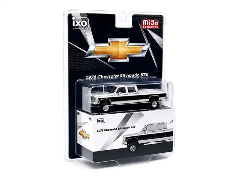 1/64 Lifted 1978 Chevrolet Silverado K30 Crew Cab Pickup Truck, White & Black by IXO Models