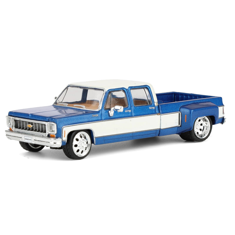 1/64 Lowered 1974 Chevrolet Custom C30 Crew Cab Deluxe Two-Tone Dually Pickup Truck, Catalina Blue Metallic & Frost White by IXO Models