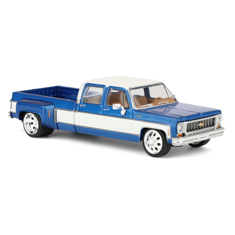 1/64 Lowered 1974 Chevrolet Custom C30 Crew Cab Deluxe Two-Tone Dually Pickup Truck, Catalina Blue Metallic & Frost White by IXO Models