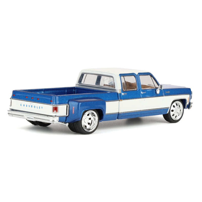 1/64 Lowered 1974 Chevrolet Custom C30 Crew Cab Deluxe Two-Tone Dually Pickup Truck, Catalina Blue Metallic & Frost White by IXO Models