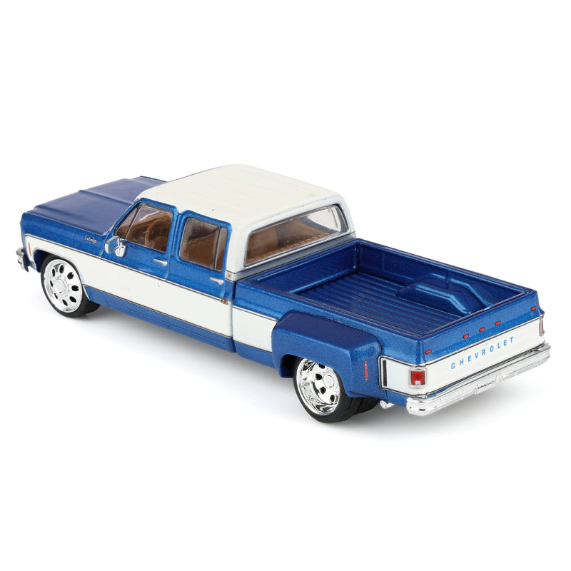 1/64 Lowered 1974 Chevrolet Custom C30 Crew Cab Deluxe Two-Tone Dually Pickup Truck, Catalina Blue Metallic & Frost White by IXO Models