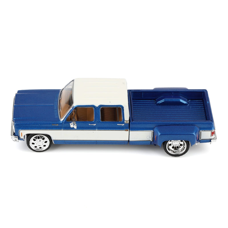 1/64 Lowered 1974 Chevrolet Custom C30 Crew Cab Deluxe Two-Tone Dually Pickup Truck, Catalina Blue Metallic & Frost White by IXO Models