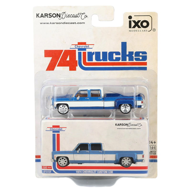 1/64 Lowered 1974 Chevrolet Custom C30 Crew Cab Deluxe Two-Tone Dually Pickup Truck, Catalina Blue Metallic & Frost White by IXO Models