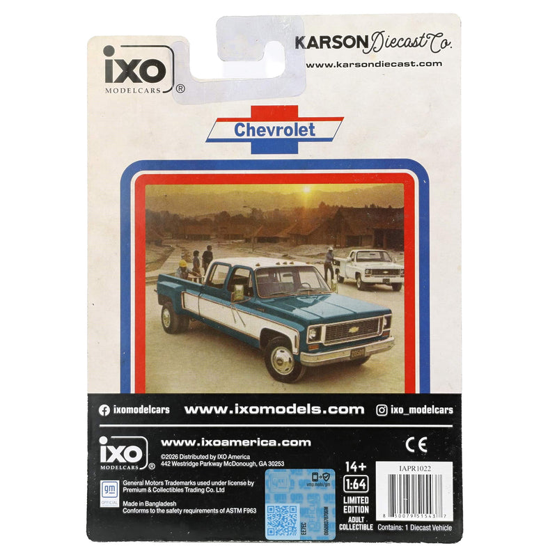 1/64 Lowered 1974 Chevrolet Custom C30 Crew Cab Deluxe Two-Tone Dually Pickup Truck, Catalina Blue Metallic & Frost White by IXO Models