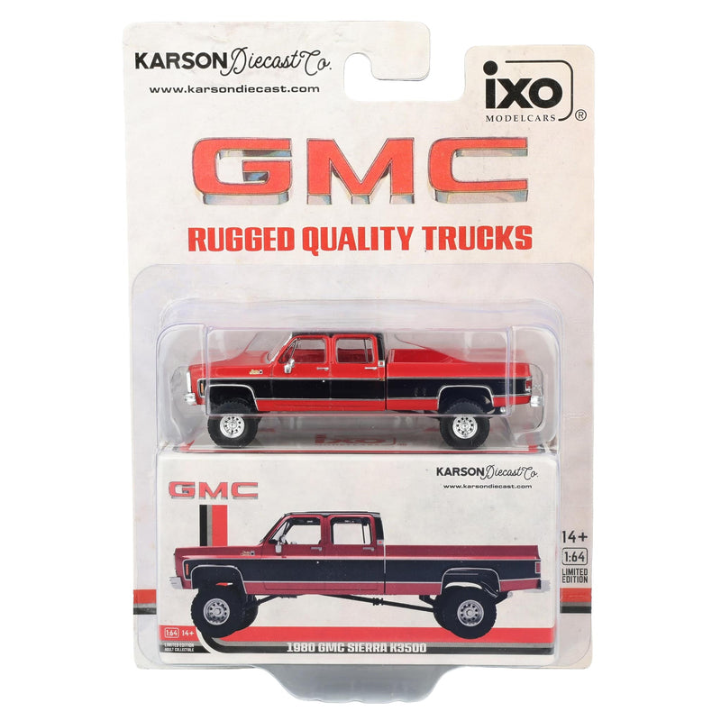 1/64 Lifted 1980 GMC Sierra Classic K3500 Wideside Crew Cab Two-Tone Pickup Truck, Cardinal Red & Black by IXO Models