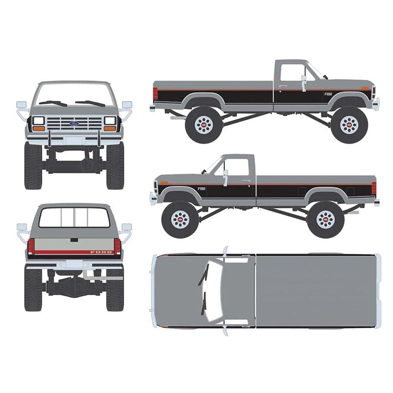 1/64 1985 Ford F-250 XLT Lariat 4x4 Long Bed Pickup Truck, Two-Tone Silver Metallic & Raven Black by IXO America