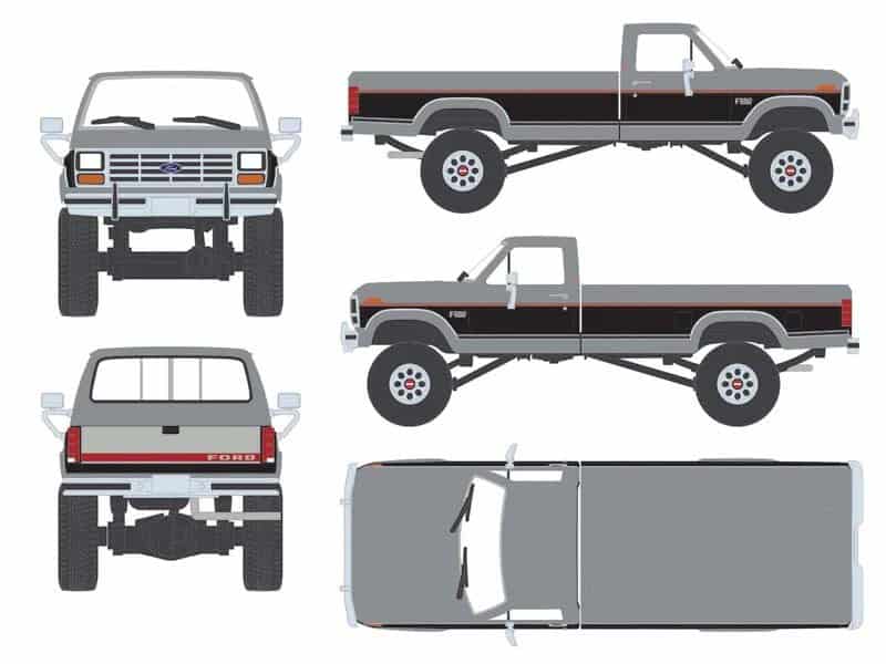 1/64 1985 Ford F-250 XLT Lariat 4x4 Long Bed Pickup Truck, Two-Tone Silver Metallic & Raven Black by IXO America
