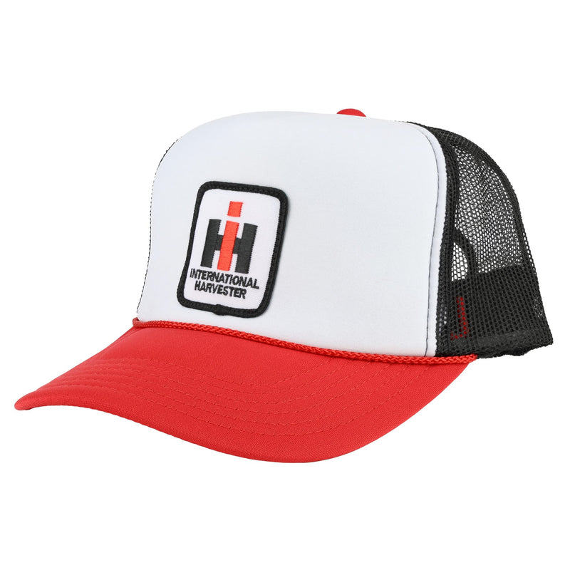 International Harvester IH Logo Rope Trucker Hat, White Foam Front with Red Brim & Black Mesh Back