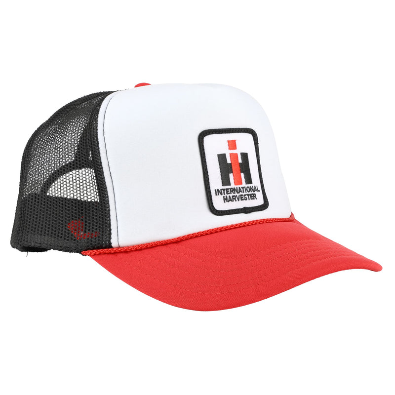 International Harvester IH Logo Rope Trucker Hat, White Foam Front with Red Brim & Black Mesh Back