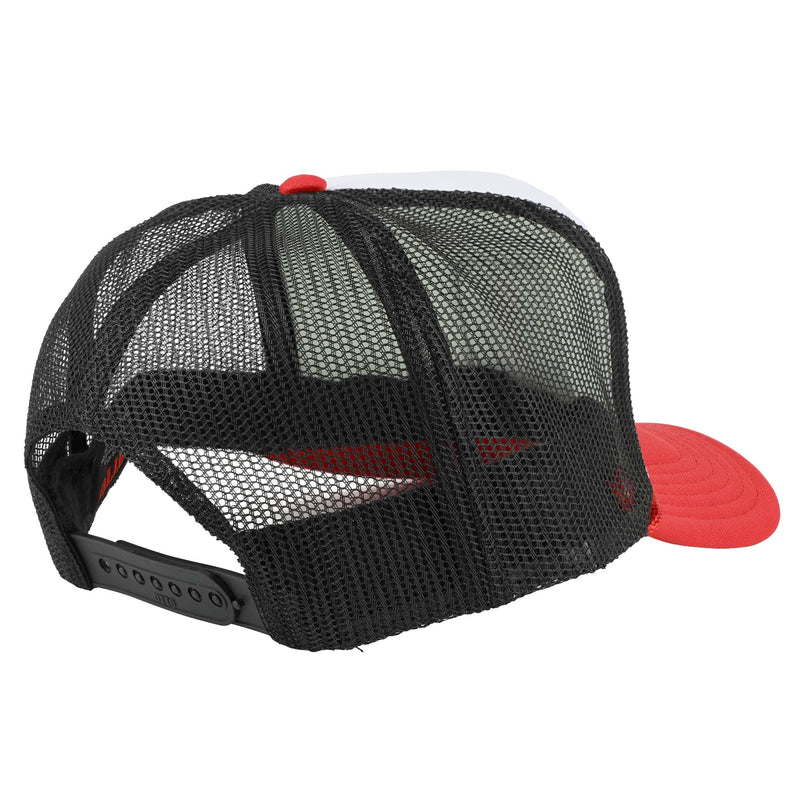 International Harvester IH Logo Rope Trucker Hat, White Foam Front with Red Brim & Black Mesh Back