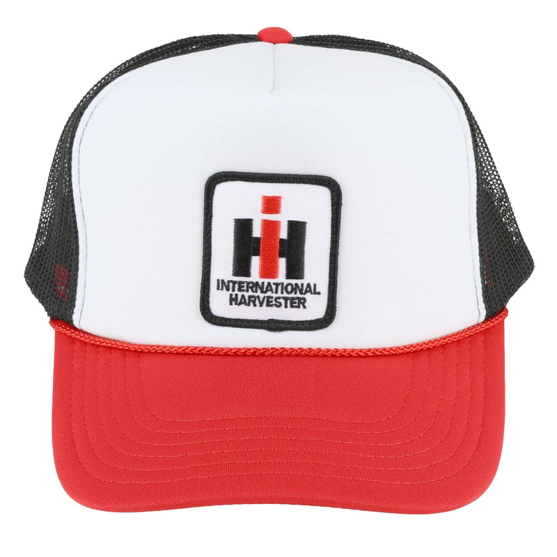 International Harvester IH Logo Rope Trucker Hat, White Foam Front with Red Brim & Black Mesh Back