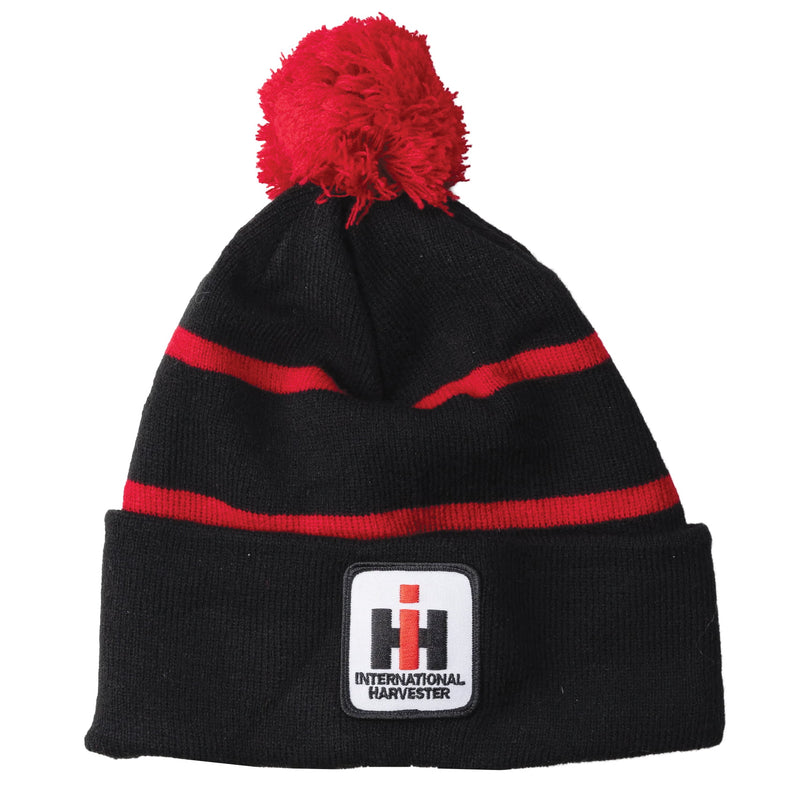 International Harvester Black Knit Beanie Hat with Red Stripes & Pom-Pom
