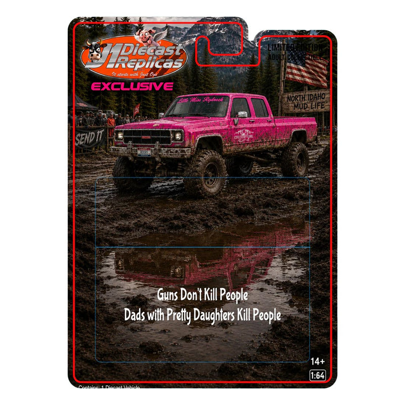 1/64 Pink GMC Crew Cab 4x4 Lifted Pickup Truck by J1 Diecast Trucking, Country Girl, Little Miss Redneck