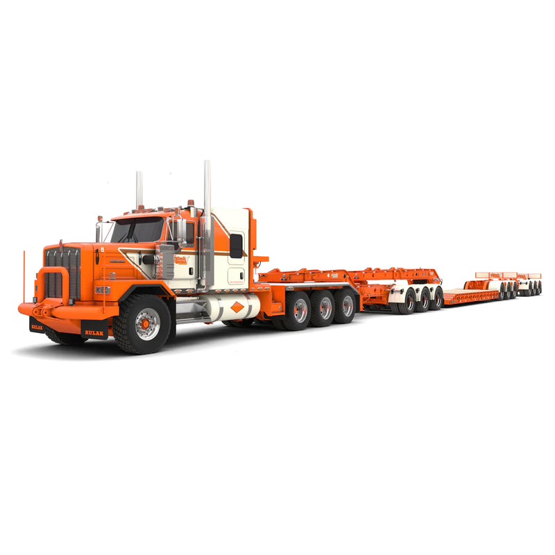 1/64 Kenworth C500 3x3x3 Heavy Haul Semi Truck with Lowboy, Jeep & Booster by PCT, Kulak & Sons Trucking