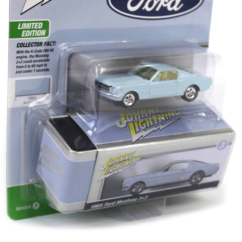 1/64 1965 Ford Mustang Fastback, Arcadian Blue, Johnny Lightning Collector Tin Series 16