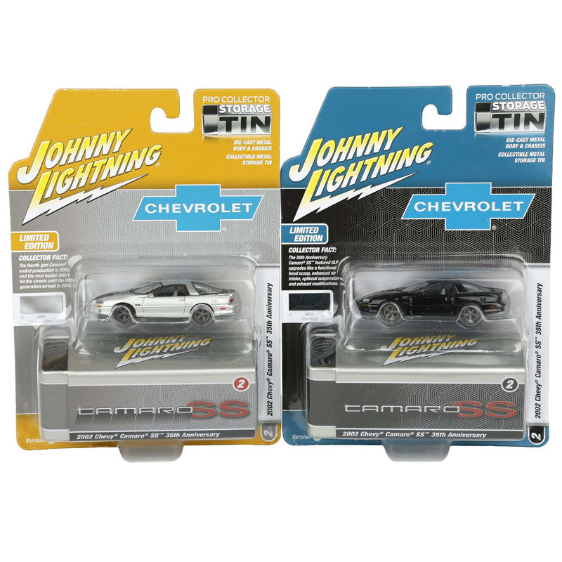 Set of (2) 1/64 2002 Chevy Camaro SS 35th Anniversary A & B Versions from the Johnny Lightning Collector Tin Series
