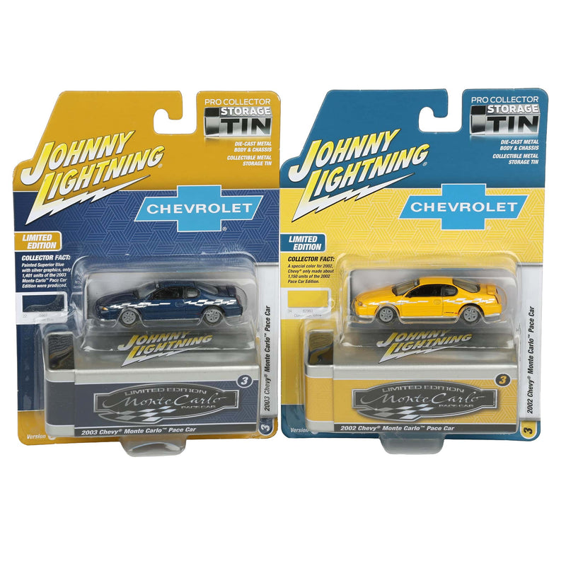 Set of (2) 1/64 2002 Chevy Monte Carlo Pace Car A & B Versions from the Johnny Lightning Collector Tin Series