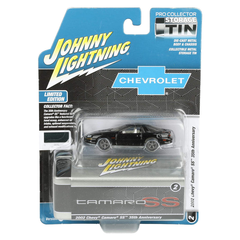 White Lightning Chase Unit ~ 1/64 2002 Chevy Camaro SS 35th Anniversary, Onyx Black, Johnny Lightning Collector Tin Series