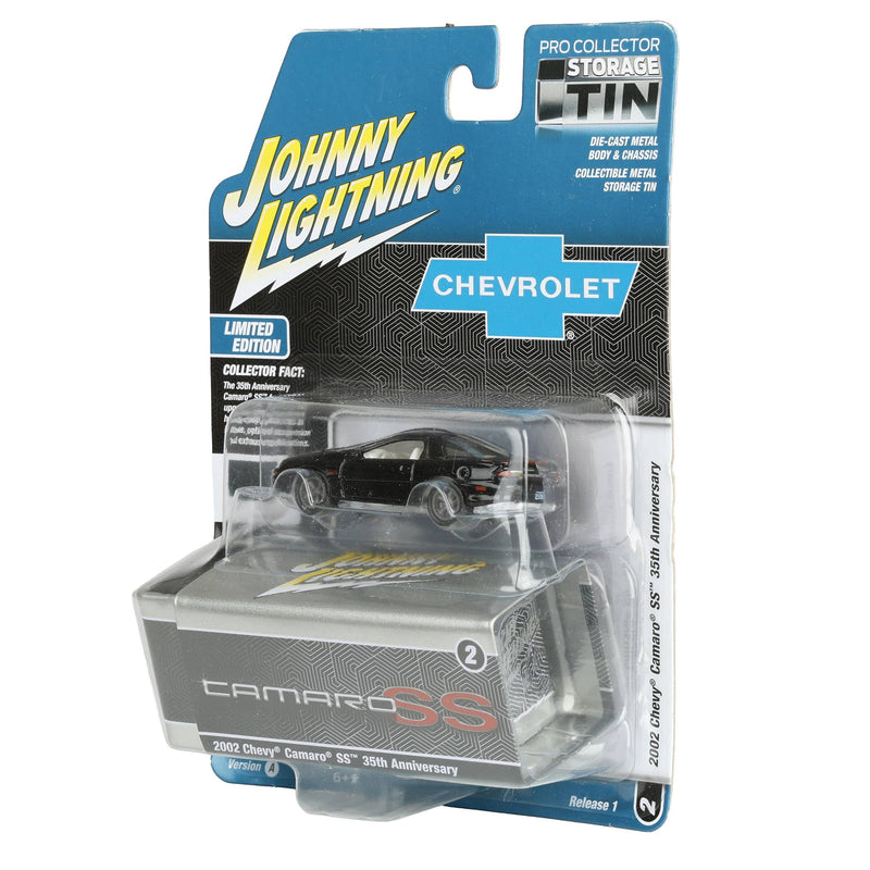 White Lightning Chase Unit ~ 1/64 2002 Chevy Camaro SS 35th Anniversary, Onyx Black, Johnny Lightning Collector Tin Series