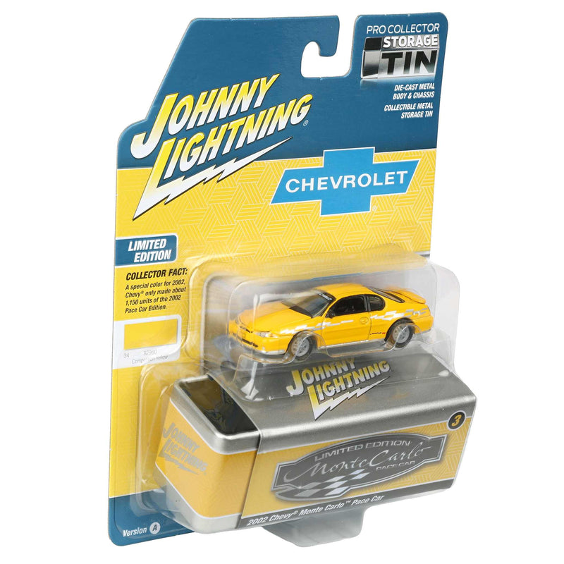1/64 2002 Chevy Monte Carlo Pace Car, Competition Yellow, Johnny Lightning Collector Tin Series