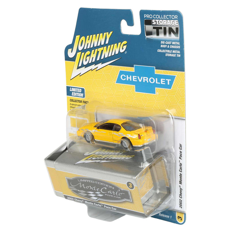 1/64 2002 Chevy Monte Carlo Pace Car, Competition Yellow, Johnny Lightning Collector Tin Series