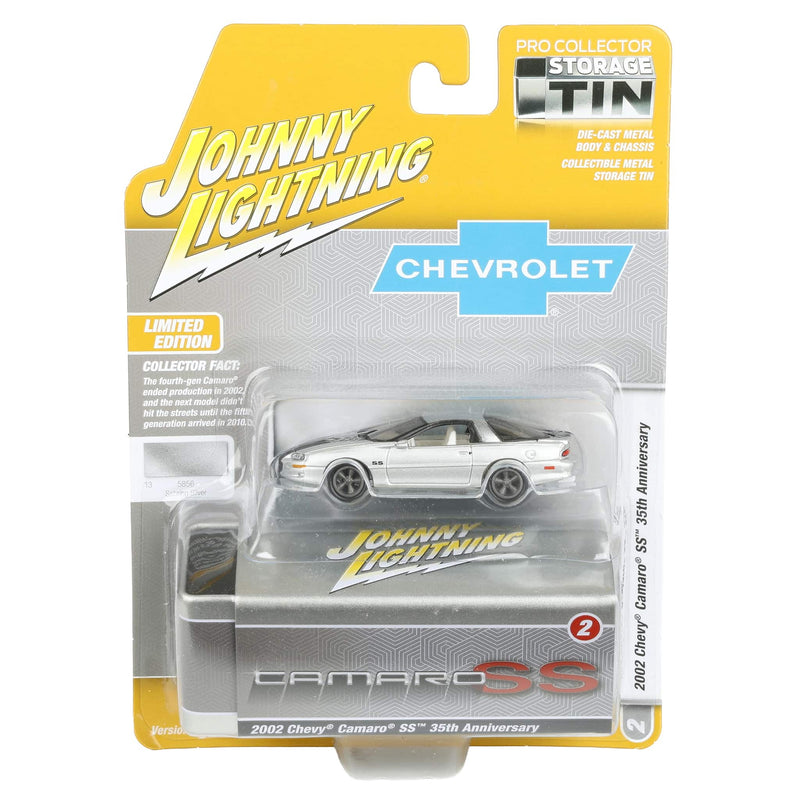 White Lightning Chase Unit ~ 1/64 2002 Chevy Camaro SS 35th Anniversary, Sebring Silver, Johnny Lightning Collector Tin Series