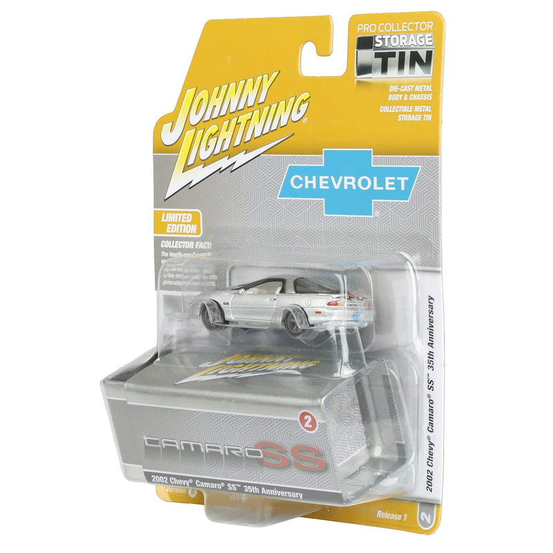 White Lightning Chase Unit ~ 1/64 2002 Chevy Camaro SS 35th Anniversary, Sebring Silver, Johnny Lightning Collector Tin Series