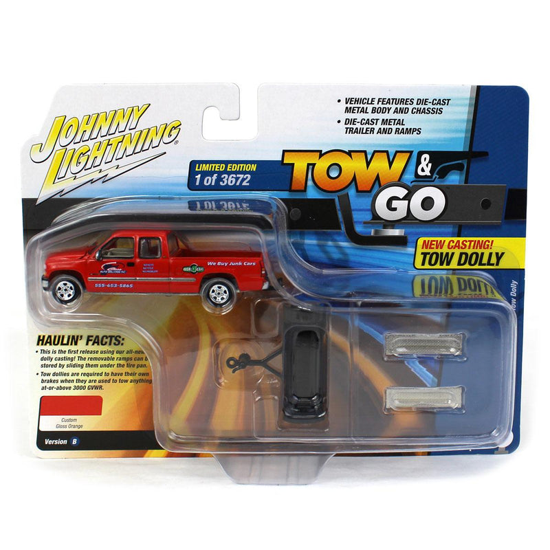 1/64 2002 Chevy Silverado with Two Dolly, 1st Class Auto Salvage Inc., Johnny Lightning Tow & Go