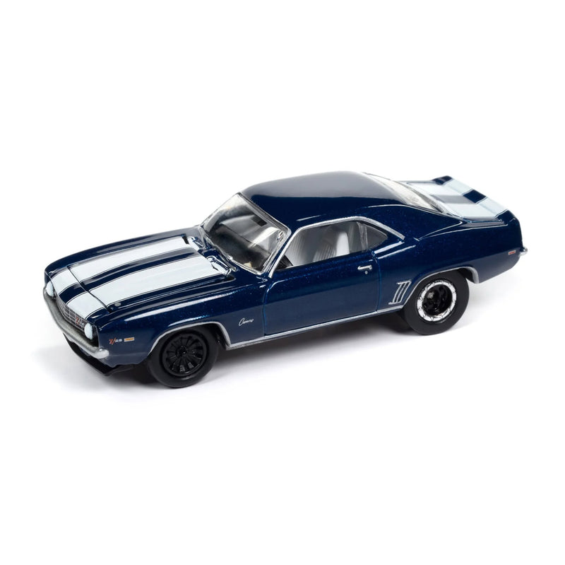 1/64 1969 Chevrolet Camaro Z28, Metallic Blue with White Stripes, Johnny Lightning Muscle Car Series