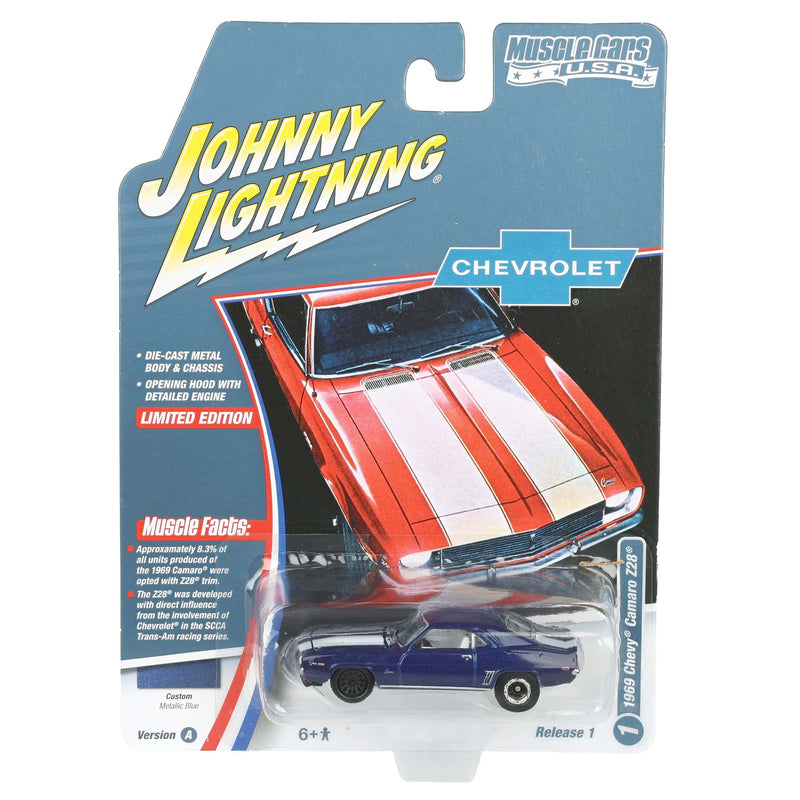 1/64 1969 Chevrolet Camaro Z28, Metallic Blue with White Stripes, Johnny Lightning Muscle Car Series
