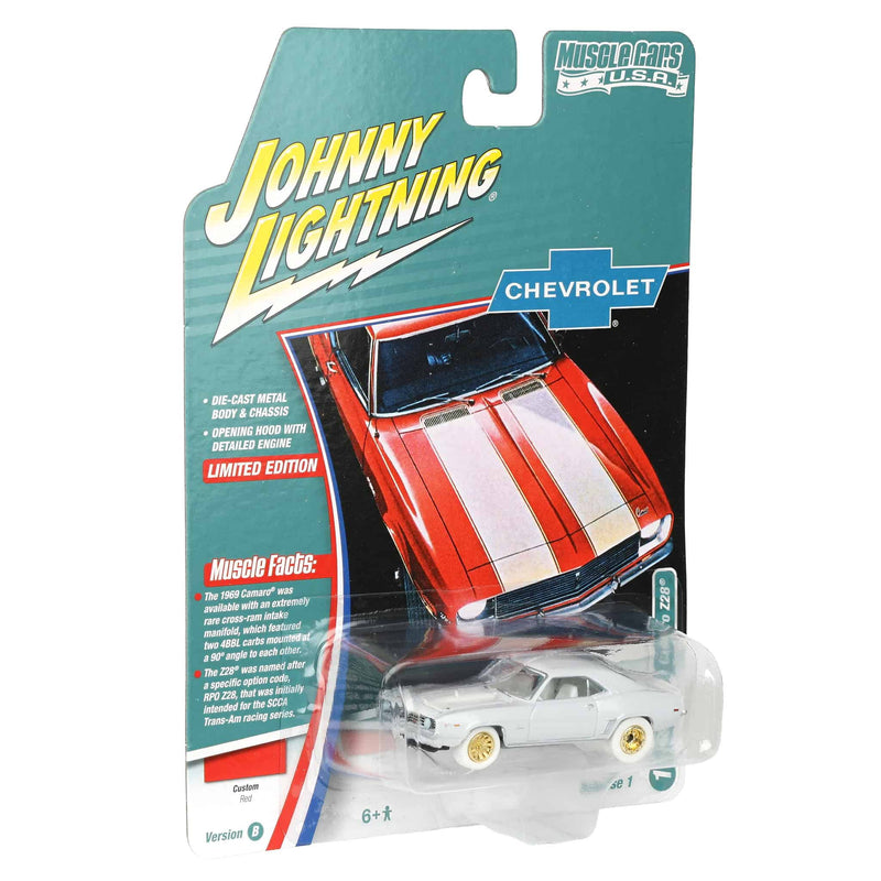 White Lightning Chase Unit ~ 1/64 1969 Chevrolet Camaro Z28, Red with White Stripes, Johnny Lightning Muscle Car Series